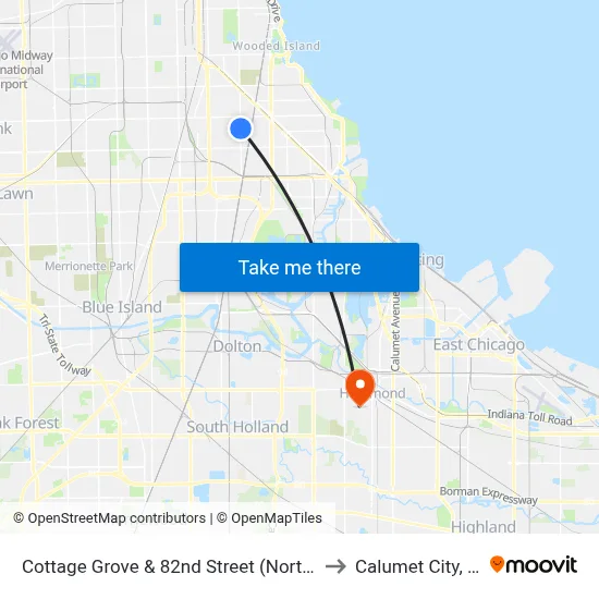 Cottage Grove & 82nd Street (North) to Calumet City, IL map