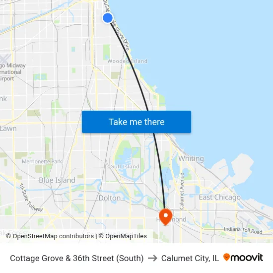 Cottage Grove & 36th Street (South) to Calumet City, IL map