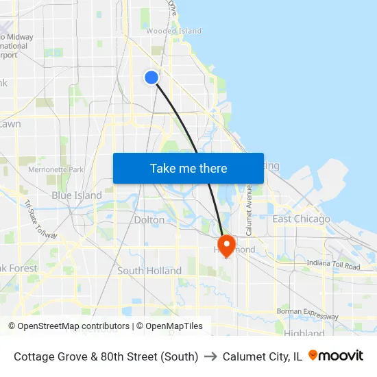 Cottage Grove & 80th Street (South) to Calumet City, IL map