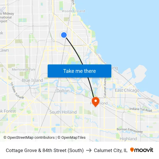 Cottage Grove & 84th Street (South) to Calumet City, IL map