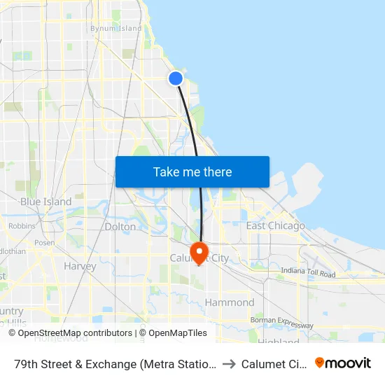 79th Street & Exchange (Metra Station) (West) to Calumet City, IL map
