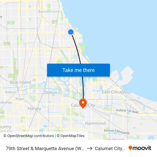 79th Street & Marquette Avenue (West) to Calumet City, IL map