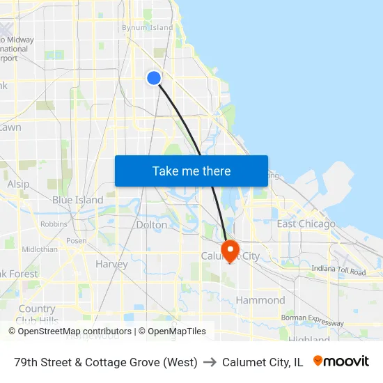 79th Street & Cottage Grove (West) to Calumet City, IL map