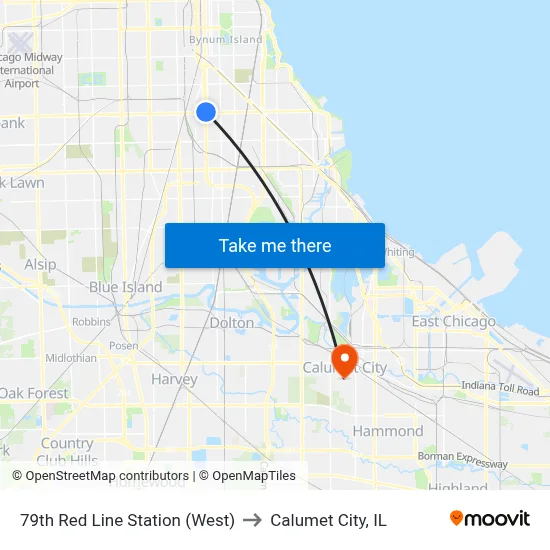 79th Red Line Station (West) to Calumet City, IL map
