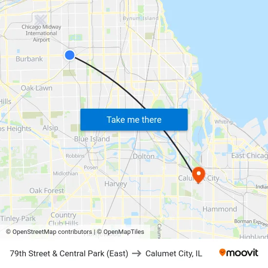 79th Street & Central Park (East) to Calumet City, IL map