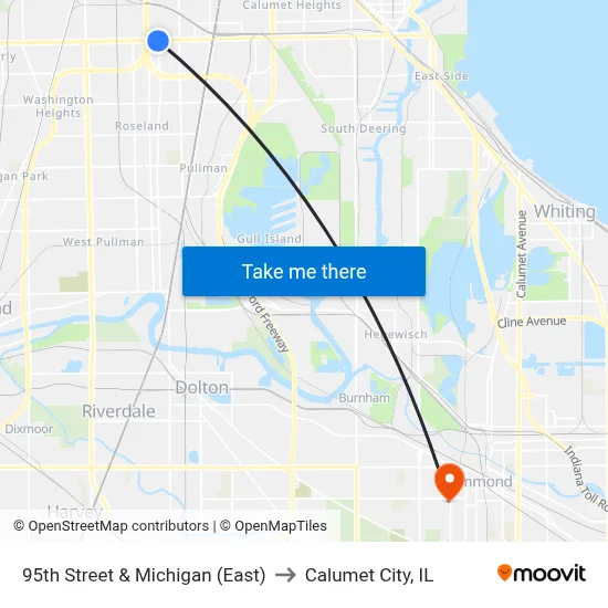 95th Street & Michigan (East) to Calumet City, IL map