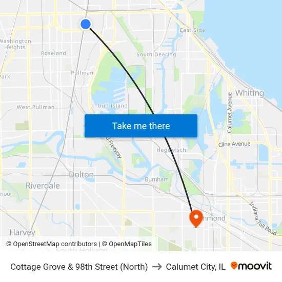 Cottage Grove & 98th Street (North) to Calumet City, IL map