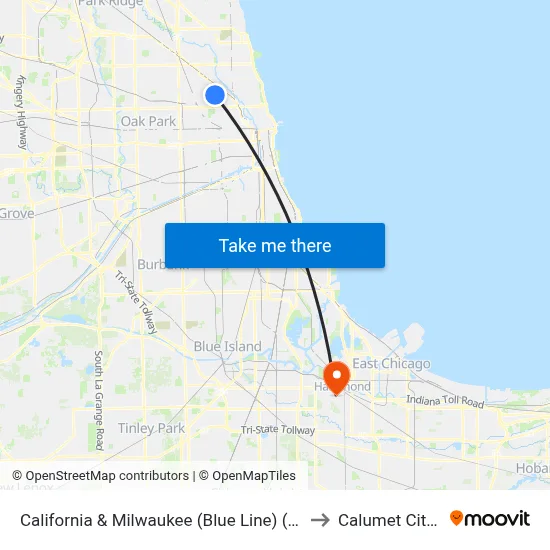 California & Milwaukee (Blue Line) (South) to Calumet City, IL map