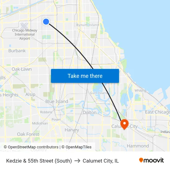 Kedzie & 55th Street (South) to Calumet City, IL map