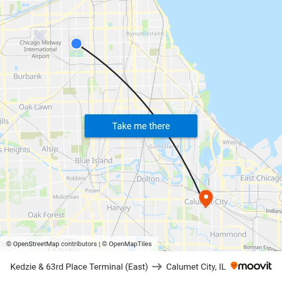 Kedzie & 63rd Place Terminal (East) to Calumet City, IL map
