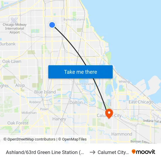 Ashland/63rd Green Line Station (West) to Calumet City, IL map
