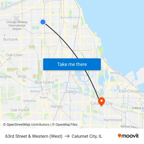 63rd Street & Western (West) to Calumet City, IL map