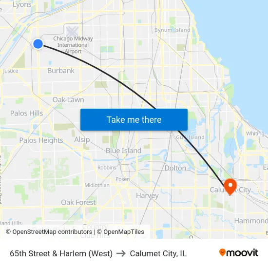 65th Street & Harlem (West) to Calumet City, IL map