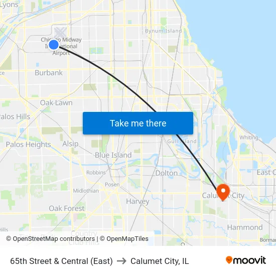 65th Street & Central (East) to Calumet City, IL map