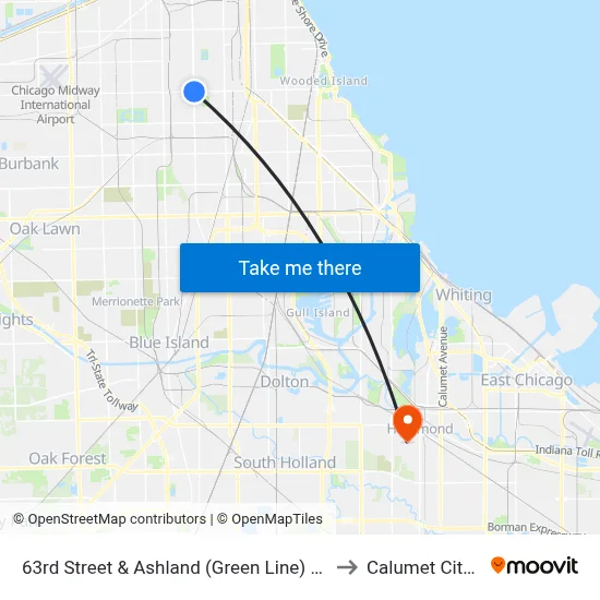 63rd Street & Ashland (Green Line) (East) to Calumet City, IL map