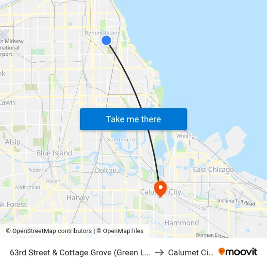 63rd Street & Cottage Grove (Green Line) (East) to Calumet City, IL map