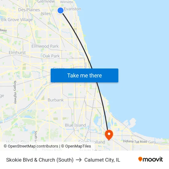 Skokie Blvd & Church (South) to Calumet City, IL map
