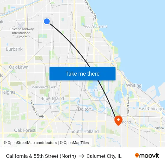 California & 55th Street (North) to Calumet City, IL map