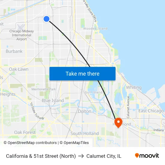 California & 51st Street (North) to Calumet City, IL map