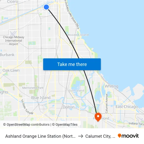 Ashland Orange Line Station (North) to Calumet City, IL map