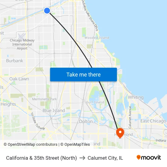 California & 35th Street (North) to Calumet City, IL map