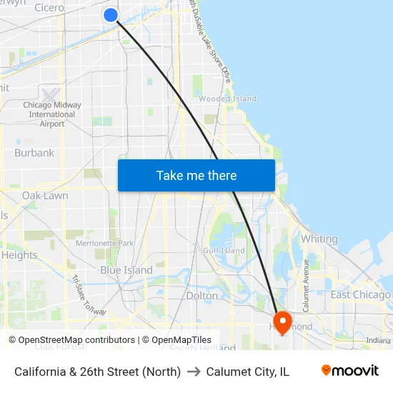 California & 26th Street (North) to Calumet City, IL map