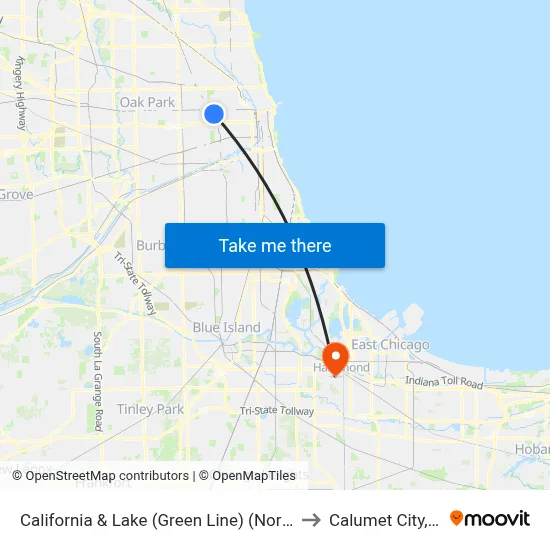 California & Lake (Green Line) (North) to Calumet City, IL map
