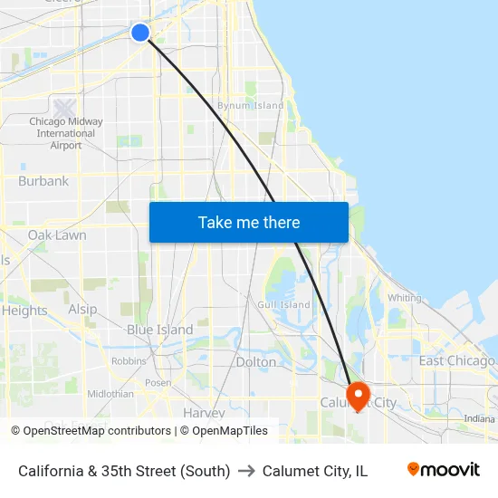 California & 35th Street (South) to Calumet City, IL map