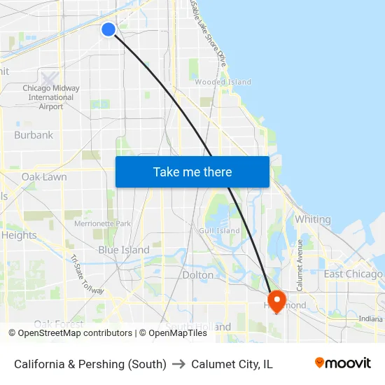 California & Pershing (South) to Calumet City, IL map