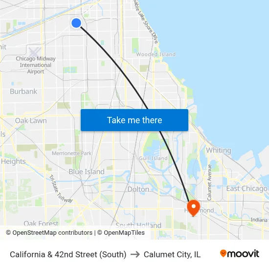 California & 42nd Street (South) to Calumet City, IL map