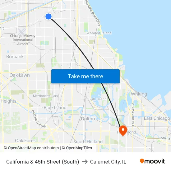 California & 45th Street (South) to Calumet City, IL map