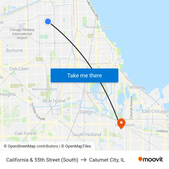 California & 55th Street (South) to Calumet City, IL map