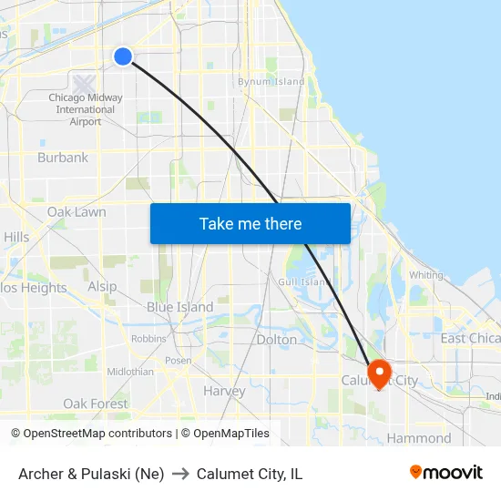 Archer & Pulaski (Ne) to Calumet City, IL map