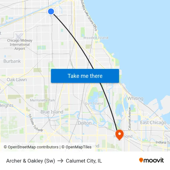 Archer & Oakley (Sw) to Calumet City, IL map