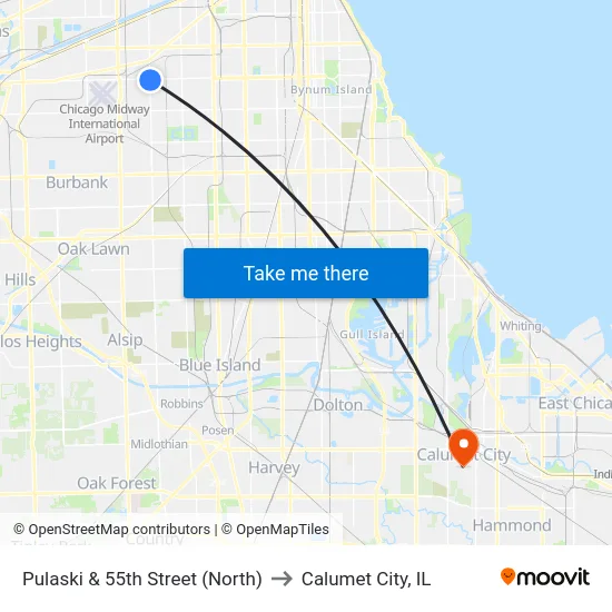 Pulaski & 55th Street (North) to Calumet City, IL map