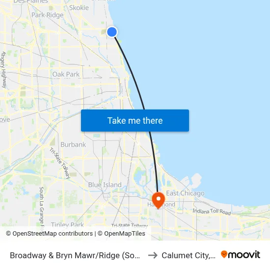 Broadway & Bryn Mawr/Ridge (South) to Calumet City, IL map