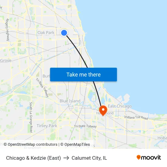Chicago & Kedzie (East) to Calumet City, IL map