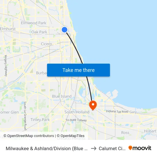 Milwaukee & Ashland/Division (Blue Line) (Nw) to Calumet City, IL map