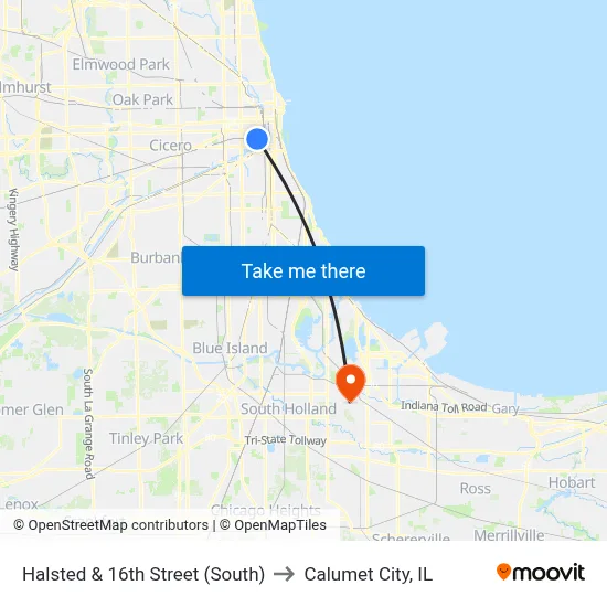 Halsted & 16th Street (South) to Calumet City, IL map