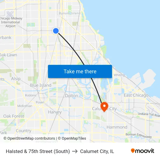 Halsted & 75th Street (South) to Calumet City, IL map