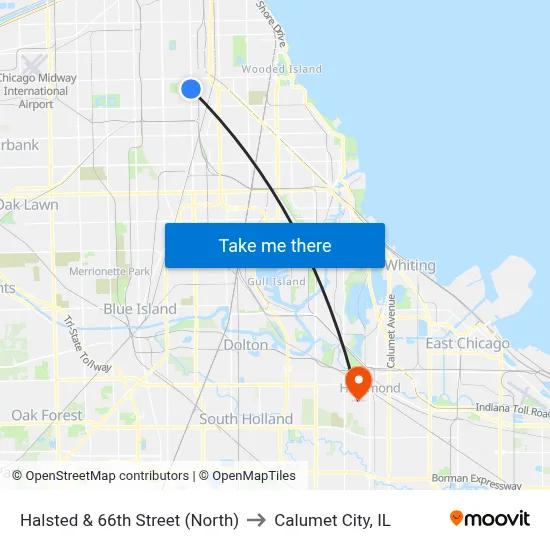 Halsted & 66th Street (North) to Calumet City, IL map