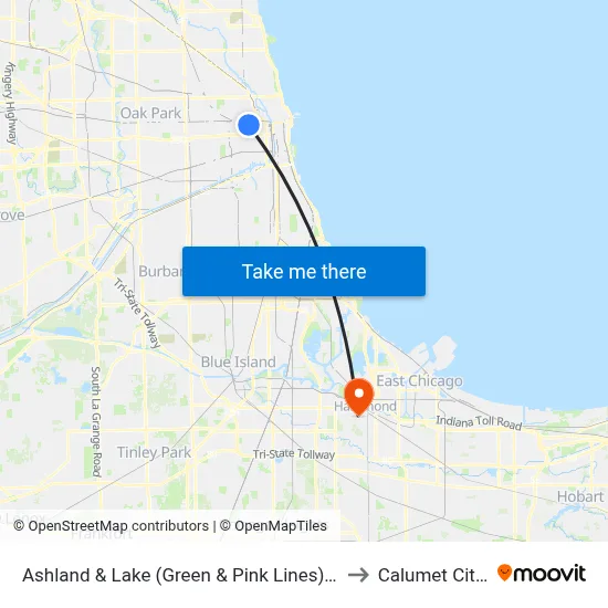 Ashland & Lake (Green & Pink Lines) (South) to Calumet City, IL map