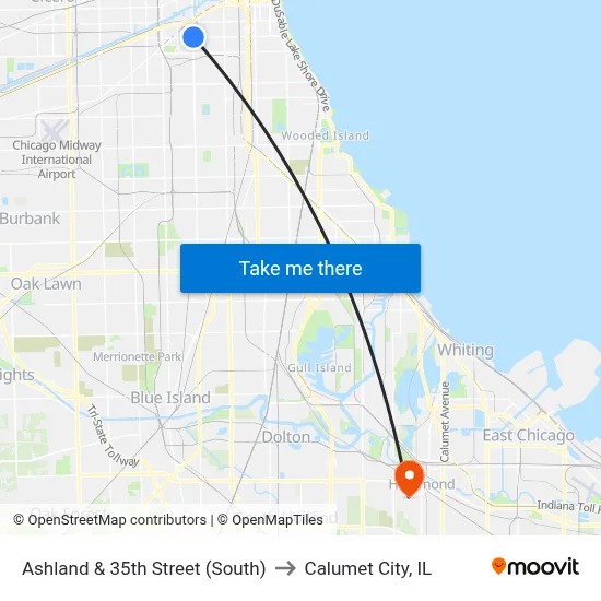 Ashland & 35th Street (South) to Calumet City, IL map
