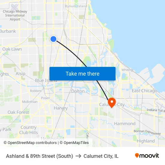 Ashland & 89th Street (South) to Calumet City, IL map