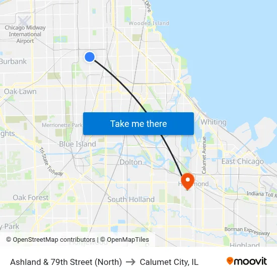 Ashland & 79th Street (North) to Calumet City, IL map