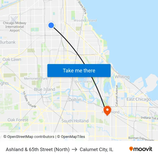 Ashland & 65th Street (North) to Calumet City, IL map