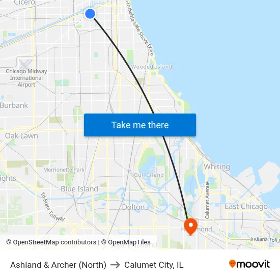 Ashland & Archer (North) to Calumet City, IL map