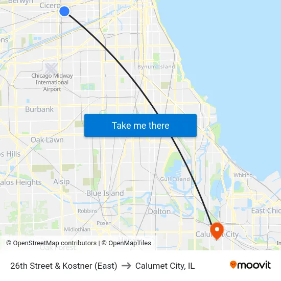 26th Street & Kostner (East) to Calumet City, IL map