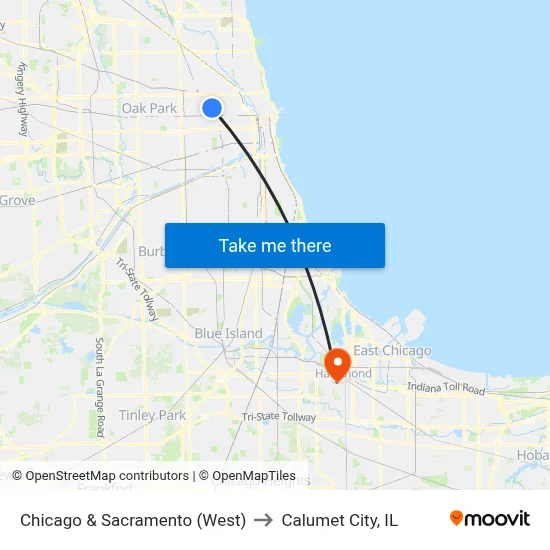 Chicago & Sacramento (West) to Calumet City, IL map