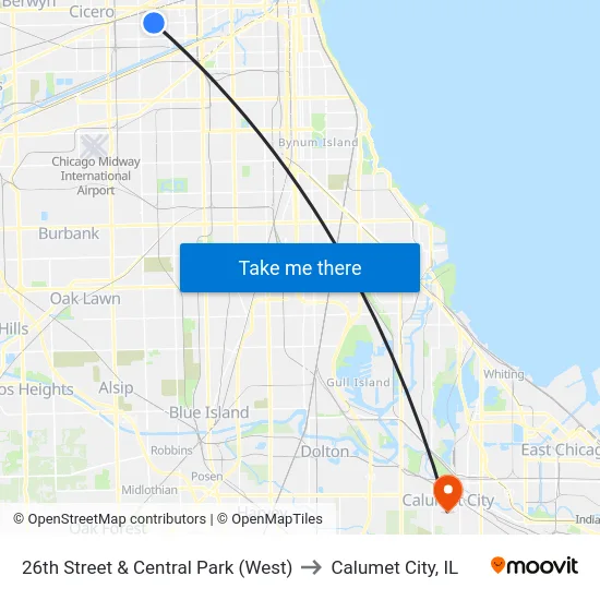 26th Street & Central Park (West) to Calumet City, IL map